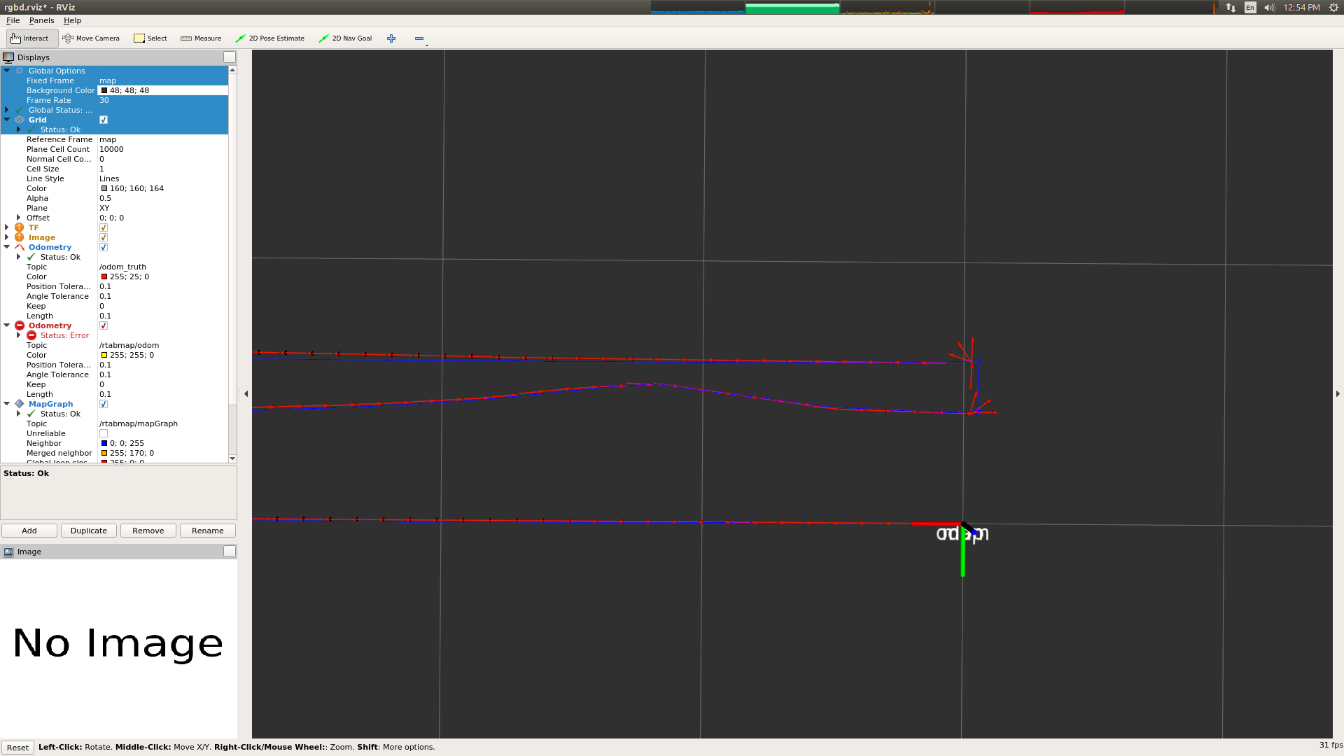 Red odometry is ground truth, no loop closures detected by mapGraph. Grid is default 1x1m